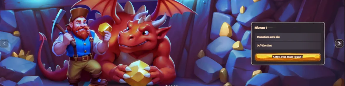 Bannière du programme VIP Dragonia Casino présentant le niveau 1, les promotions du site et l’accès au chat en direct